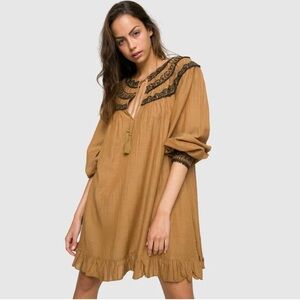 Free People Boho Embroidered cotton blend Long-Sleeve Peasant Mini Dress - Rust